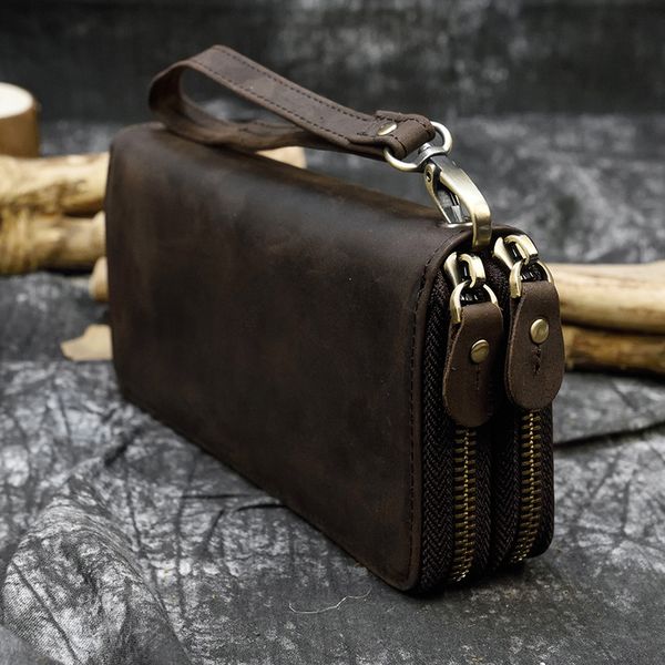 

waist bags maheu crazy horse leather purse for men clutch double zipper 24 card holders vintage billetera genuine long wallet 230328