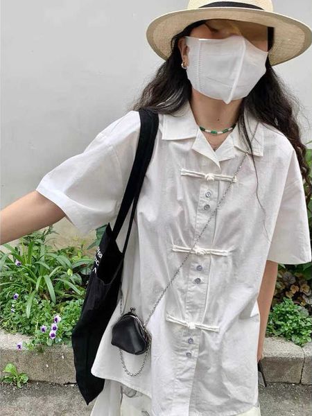 

women's blouses shirts women man blouse harajuku streetwear chinese style turn-down collar buckle vintage white loose casual shirt blus