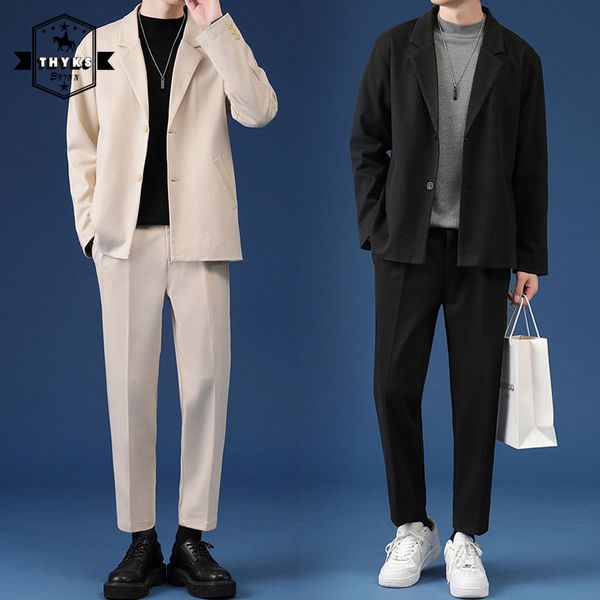 

men s suits blazers male casual suit luxury jackets blazer set streetwear stylish korean 2 pieces sets with pants za spring overcoat trouser, White;black