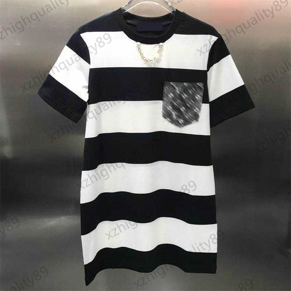 

fashion women dresses patchwork jacquard pocket metal chain ornament crewneck summer dress classic striped print custom twill cotton short s, Black;gray