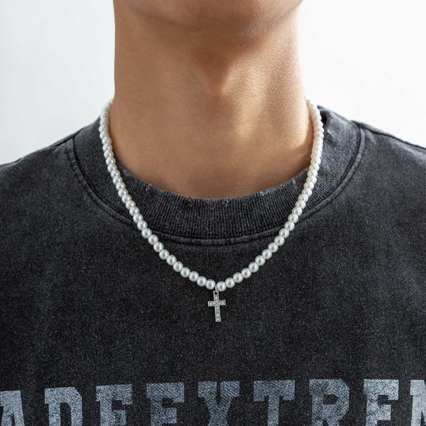 

pendant necklaces pearl beads chain with shiny rhinestone cross pendants necklace men trendy white beaded choker on neck 2022 fashion jewelr, Silver