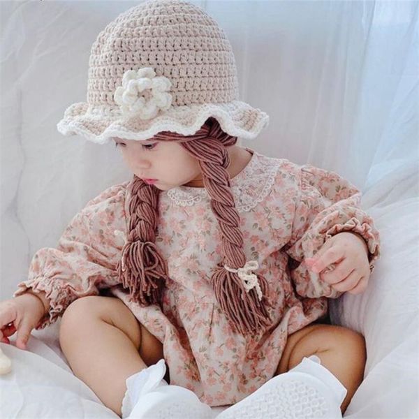 

caps hats cute flower baby girl bucket hat hair pigtail braid wig cap winter warm knitted children kids girls hats and caps accessories 2303, Yellow