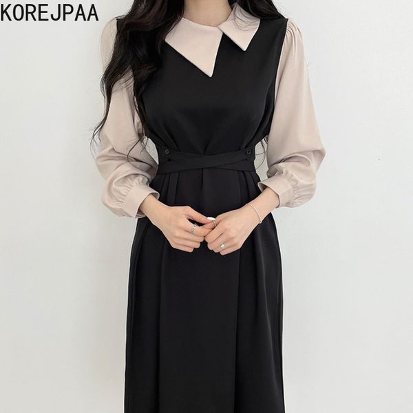 

casual dresses korejpaa women dress autumn korean chic elegant temperament irregular lapel contrast color stitching puff sleeve vestidos 230, Black;gray