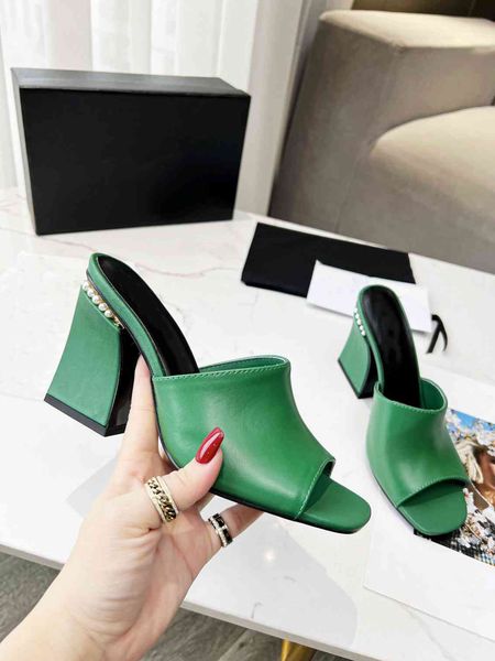 

2023 women's sandals open toe thick heel summer sandals leather designer classic elegant channel temperament sandals x095, Black