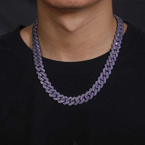 

hip hop jewelry 14mm black gold plated brass metal aaaaa purple cz diamond iced out cuban link chain necklace for men, Silver