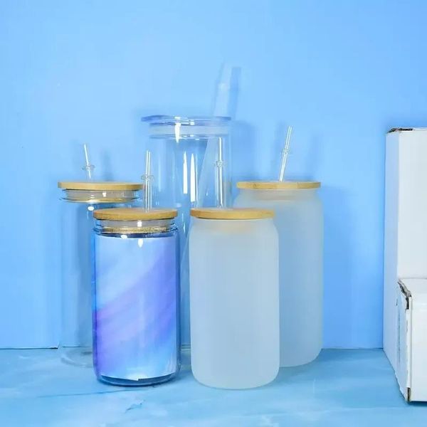 

sublimation 12oz 16oz 25oz glass can with bamboo lid reusable straw beer can transparent frosted glass tumbler soda can cup