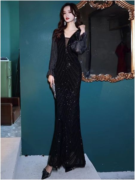 

vintage black sequins mermaid formal evening dresses 2023 for african women long sleeves v neck plus size prom occasion gowns, Black;red