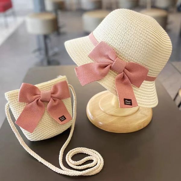

caps hats kids girls large wide brim straw woven sun panama beach hat bowknot summer floppy bucket cap portable shouder bag 230328, Yellow