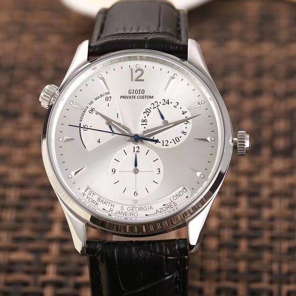 

42mm mens automatic watch mechanical sapphire dual time zone rose gold black brown leather 01 0, Slivery;brown