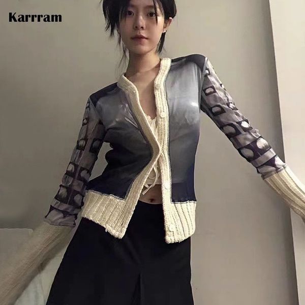 

women s knits tees karrram y2k aesthetics cardigan grunge mesh patchwork coat korean fashion designer clothes fairycore vintage knitwear har, White