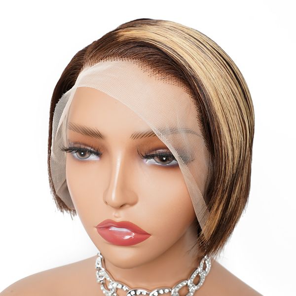 

pixie cut short style straight 13x4 hd lace frontal human hair wig for women brown blonde colored wig pre-plucked hairline, Black;brown