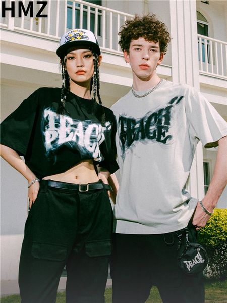 

mens tshirts hmz summer round neck tees high street t shirt for men fashion couple hiphop loose short sleeve vintage streetwear oversize 230, White;black