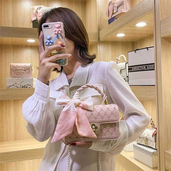

2023 designer bag handbag style pearl chain bag embossed portable shoulder bow scarf small square bag