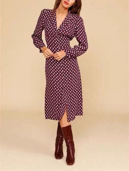 

casual dresses women floral print midi dress 100% viscose v-neck long sleeve lady single-breasted retro high waist sweet holiday robe 230329, Black;gray