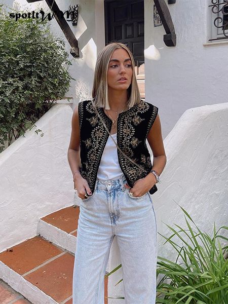 

women's vests women's vintage flower embroidery sequin short tank jacket women's o-neck sleeveless casual velvet tank 230329, Black;white
