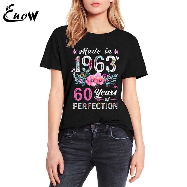 

womens tshirt euow colored cotton vintage made in 1963 floral 60th birthday gifts girl clothing print cute t shirt streetwear tee 230328, White