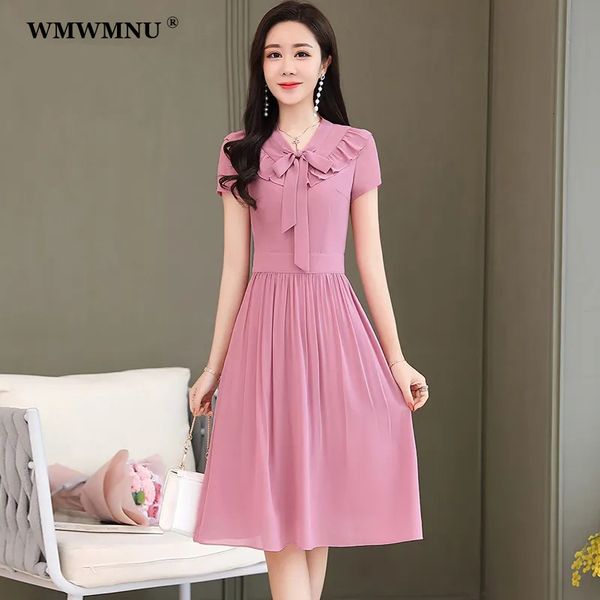 

casual dresses summer elegant ruffles bow chiffon dress women korean knee-length short sleeve dresses casual vestidos de fiesta robe femme 2, Black;gray