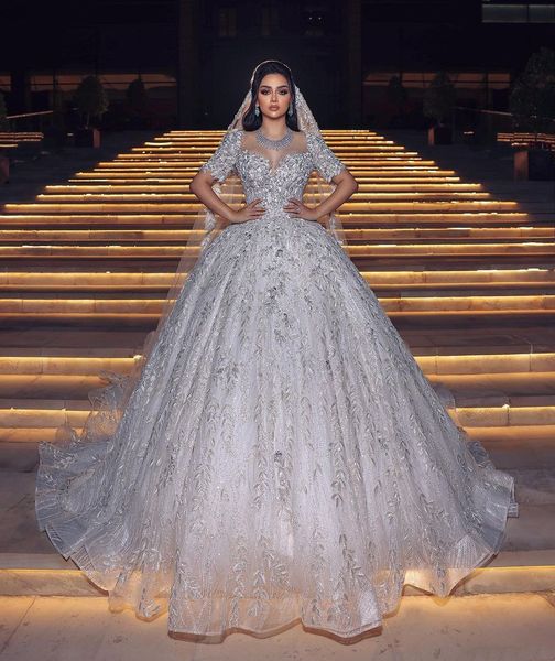

luxury ball gown wedding dresses v neck middle sleeves sequins appliques diamonds beaded floor length 3d lace ruffles zipper bridal gowns pl, White