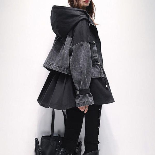 

raincoats 2021 moda jesien odziez damska zamek z kapturem laczenie prochowce jeansowa kurtka kobiety caly mecz luzna talia z dlugim rekawem, Black