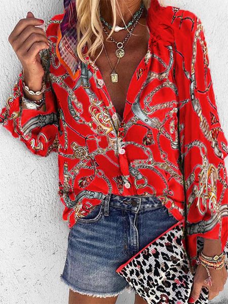 

women's blouses shirts design women blouse v-neck long sleeve chains print loose casual office shirts womens and blouses 230329, White