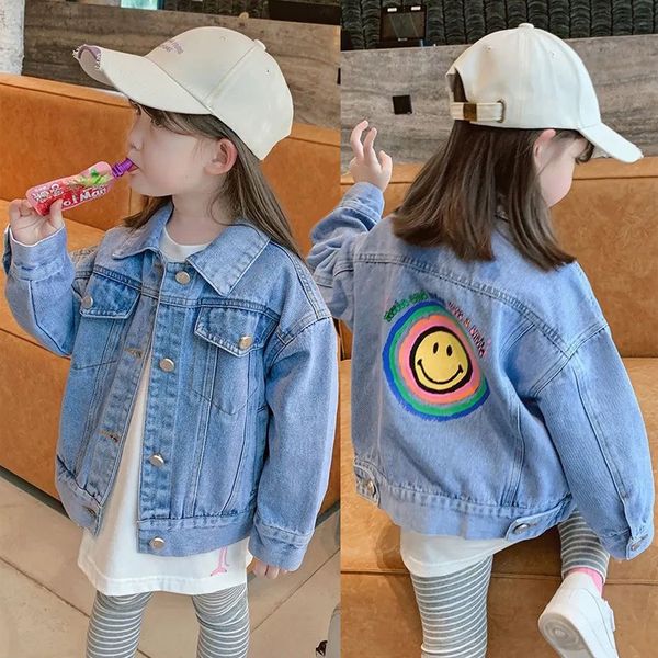 

jackets mantel perempuan denim musim semi gugur 2 10 tahun pola senyum jaket lengan penuh untuk anak anak 2023 remaja baru 230329, Blue;gray