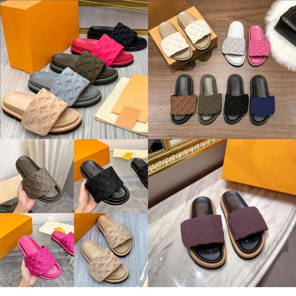 

luxury women slippers sandals pool pillow flat womens shoes embossed mules designer slides summer genuine leather cool comfort slipper mens, Black