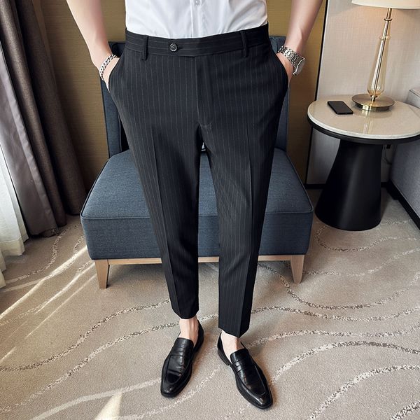 

men's pants celana gaun bisnis bergaris musim semi musim panas celana setelan ramping kasual pria celana panjang pergelangan kaki celan, Black