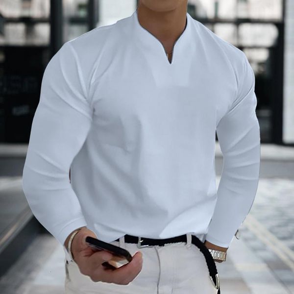 

mens polos spring autumn golf clothes fashion highcollar shirt casual longsleeved polo solid color vturtleneck clothing 230329, White;black