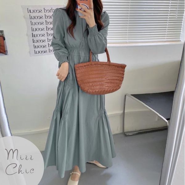 

casual dresses vintage puff long sleeve maxi dress women elegant o-neck shirring slim fit chic black dress autumn streetwear winter vestidos, Black;gray