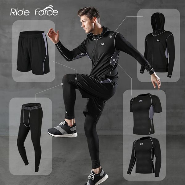 

running sets 5 piecesset men's track and field suit fitness compression sportswear running jogging sportswear exercise tightness 230329, Black;blue