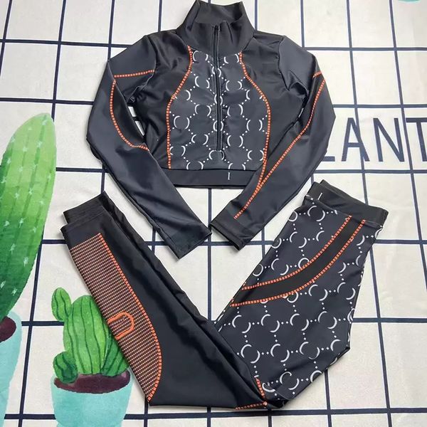 

long swim wear sleeve women yoga outfits textile fashion double letter printed bodysuit ladies outdoor cycling leggings gym jogging sport we