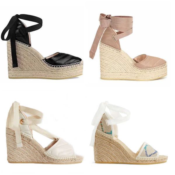 

designer espadrille sandals high heels slippers straw woven sandal fashion wedge heel women slides summer classic open toe toe dress shoe wi, Black