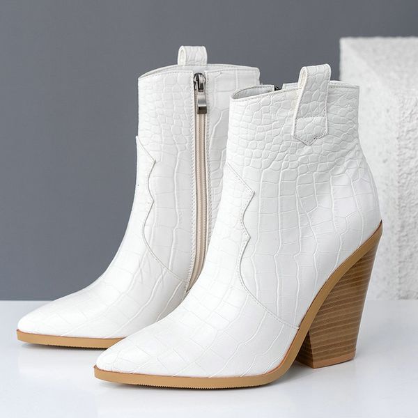 

boots brand design ankle boots women pu leather wedges high heels western boots pointed toe zipper fashion autumn winter women's shoes, Black