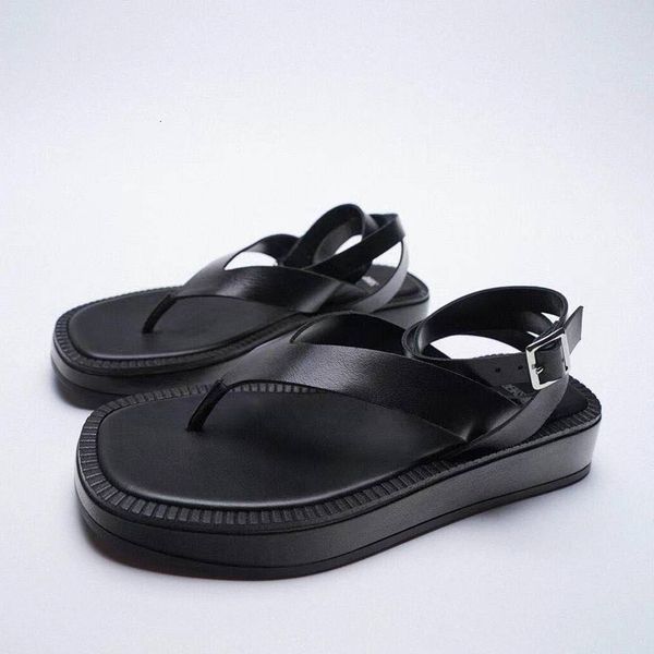 

sandals summer women shoes black flat leather fashion lace up thick soled ankle strap for za pinch toe flip flops 230329