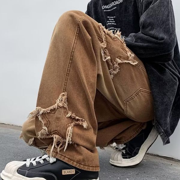 

mens jeans 2023 fashion stars towel embroidery brown baggy men pants y2k clothes straight hip hop cotton trousers pantalon homme 230329, Blue