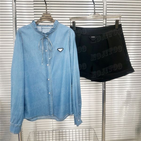 

bowknot denim shirts black pant set for women designer letter badge lady t shirt high waist shorts two piece