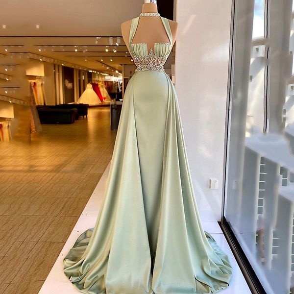 

2023 prom dresses halter crystal beads pearls sleeveless mermaid evening party gowns special occasion wears illusion sweep train, Black