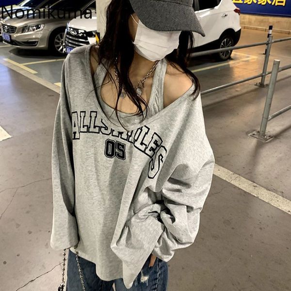 

womens hoodies sweatshirts nomikuma sudaderas spring autumn halter letter print loose 2 piece aesthetic women retro fashion casual y2k stree, Black