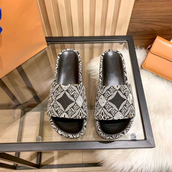 

summer brand designer thick wedge retro embroidered canvas denim 1854 monograms women's plus size slippers beach outdoor indoor sandals, Black