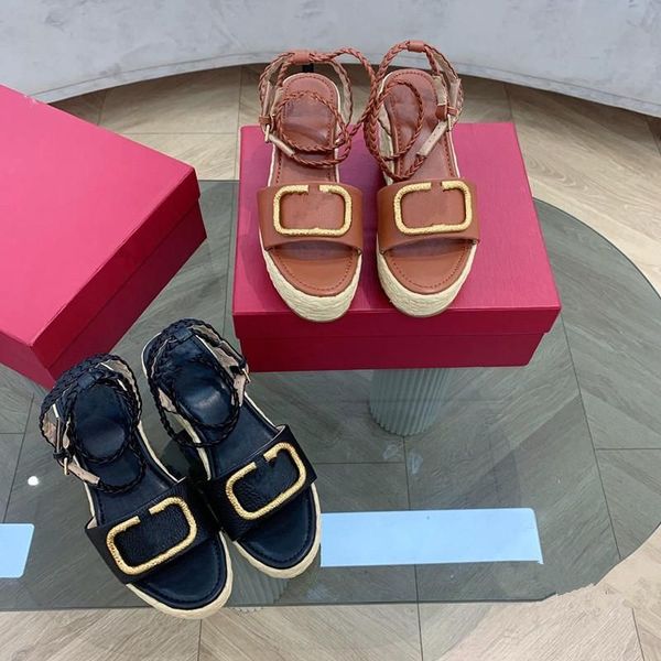 

women high heels wedge platform sandals with metal buckle decoration ankle straps fashion ladies slides pointed toe shoelace sandals famous, Black