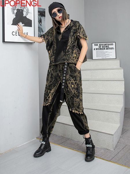 

women's trench coats fashion cool personality do old pullover hooded vest harem pants two piece 2023 spring denim punk style set 230329, Tan;black