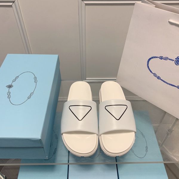 

fashion classic ladies luxury triangle logo flat casual slippers white genuine leather summer home outdoor beach sandals nude sandals, Black