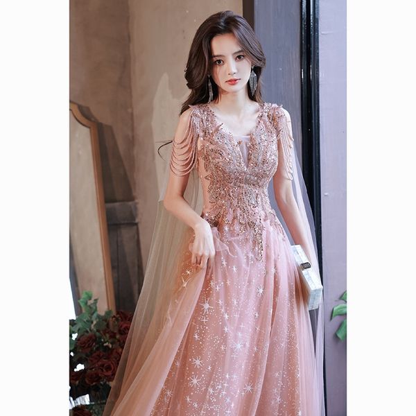 

pink elegant bridesmaid dresses long pearl beading tassel o neck a-line appliques ribbon tulle shiny glitter evening prom gowns, White;pink