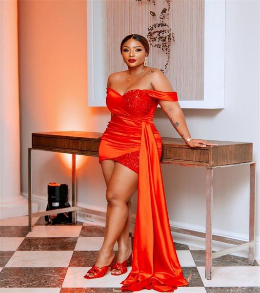 

plus size aso ebi prom dress 2023 off shoulders mini short birthday party gown with train sequin formal graduation club wear robe de soiree, Black