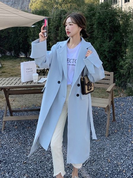 

women's trench coats superaen blue spring and autumn 2023 korean style single breasted long 230329, Tan;black