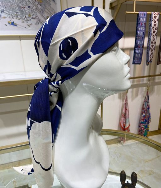 

90*90cm designer letters print floral silk scarf headband for women fashion long handle bag scarves, Blue;gray