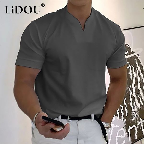 

men's t-shirts summer fashion trend sports fitness casual simple men's t-shirts solid color loose short sleeve v-neck male clothes, White;black