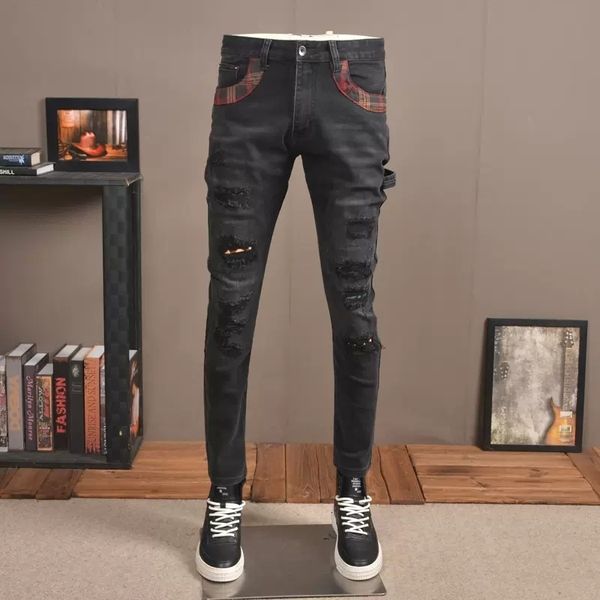 

men's jeans streetwear fashion men jeans retro black gray stretch slim fit destroyed ripped jeans men patched designer hip hop pants ho, Blue
