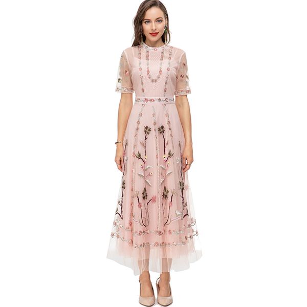 

women's runway dresses o neck short sleeves embroidery floral elegant designer party prom gown, Black