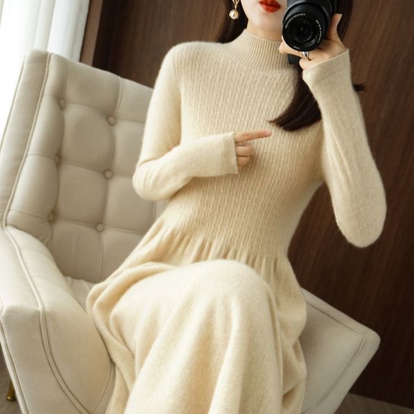 

casual dresses fashion knitted cashmere dress women's half high collar pullover knee length dress 100% merino wool dress warm autumn an, Black;gray
